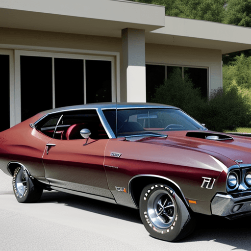 AI generated: 1969 Ford Torino GT, red, sitting in the driveway of a mid-century home. 