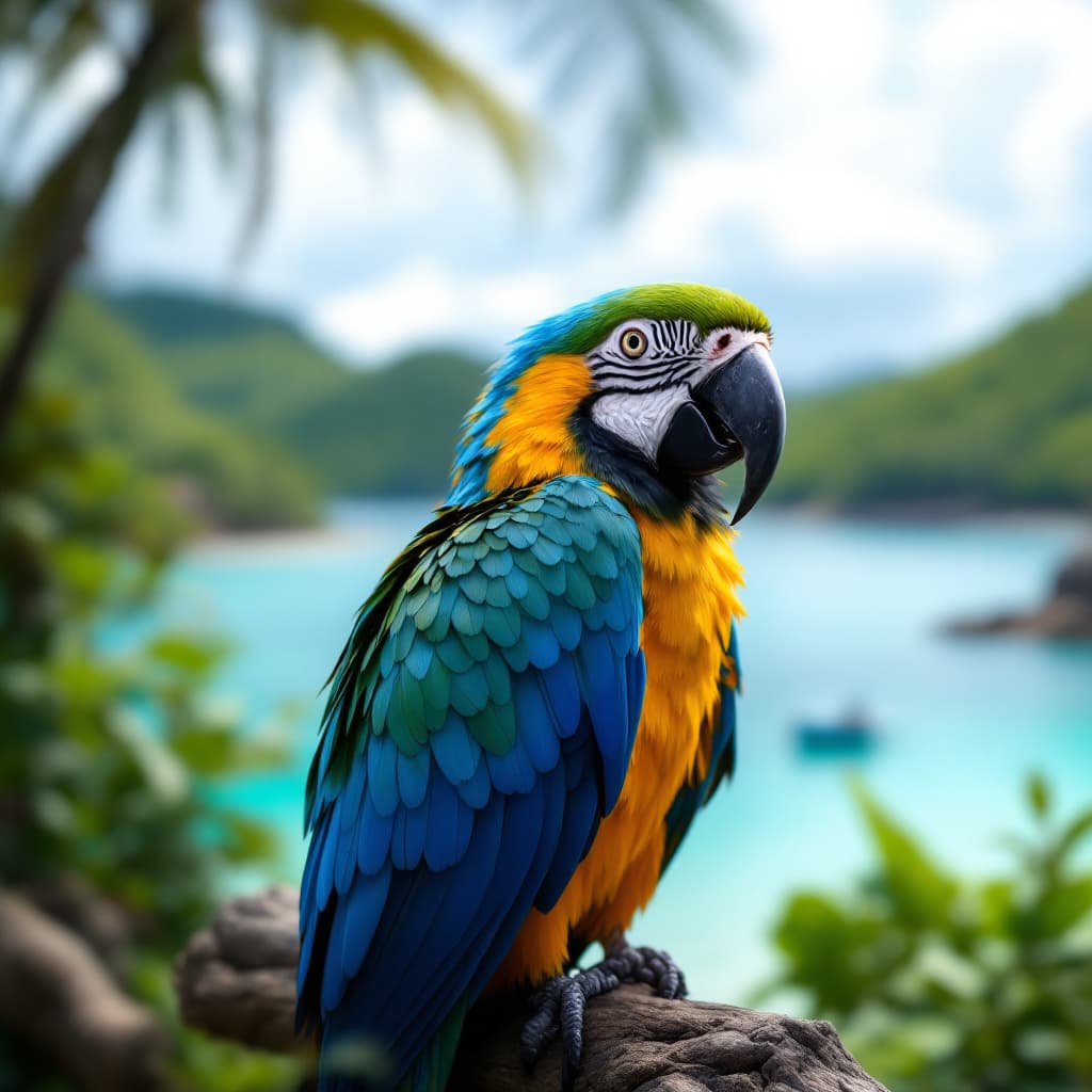 AI generated: macaw in the carribean, natural light, post processing, color grading, wildlife photography, hd, pho...