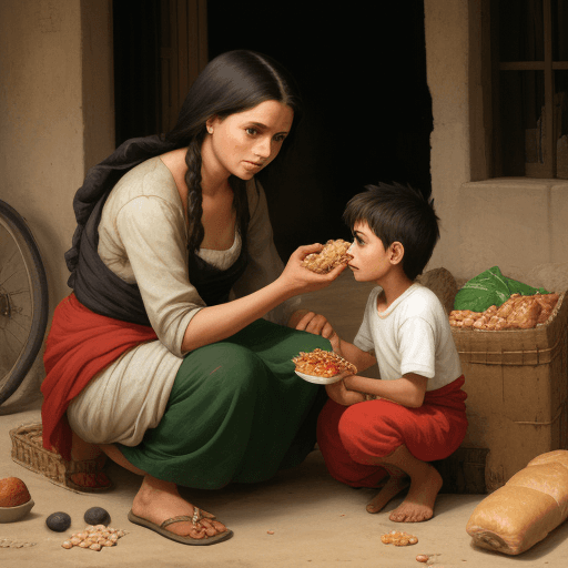AI generated: A women giving food to her son