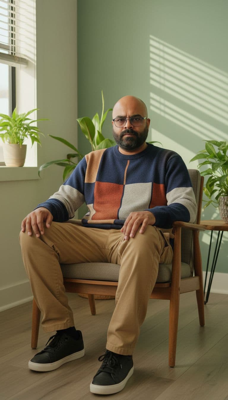 AI generated: A stylish young man with a lean physique (around 57 kg, 5'7" tall) sits in a modern wooden armchair ...