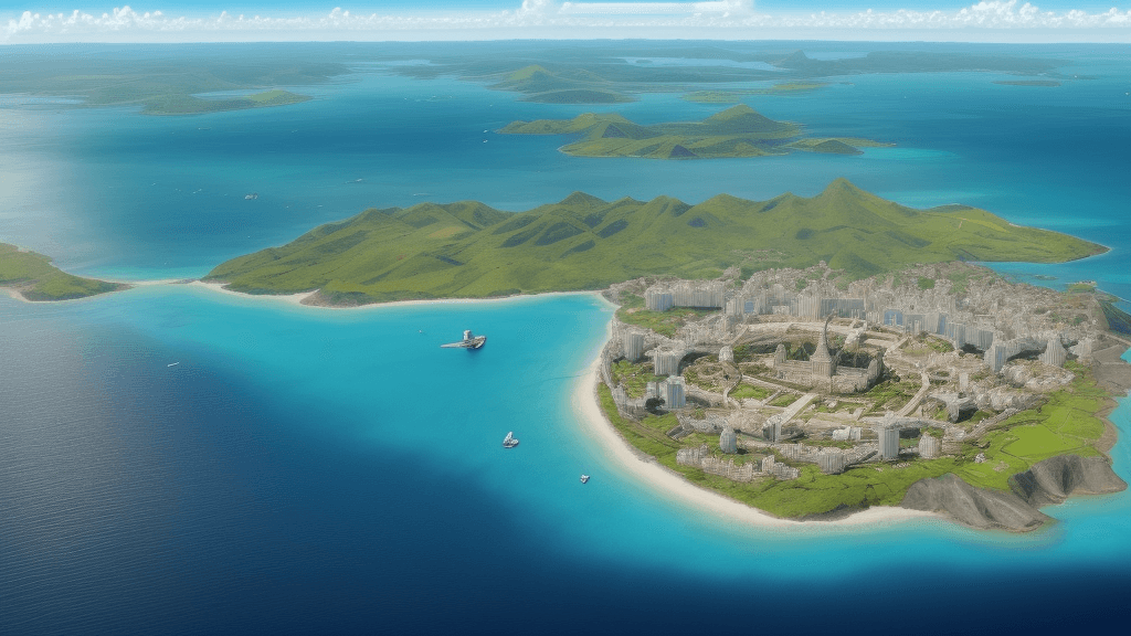 AI generated: sunny island from a high bird's eye view with the mainland in the background