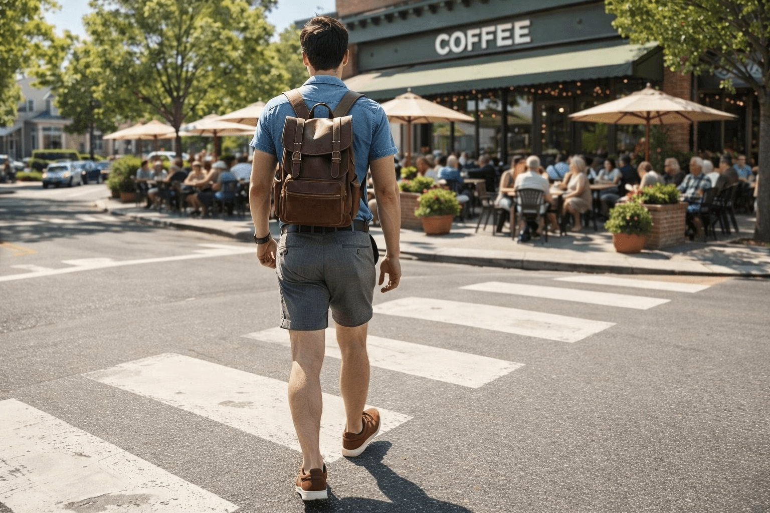 AI generated: In a sunny morning at a nice neighborhood. The model is crossing the street towards a large-one full...