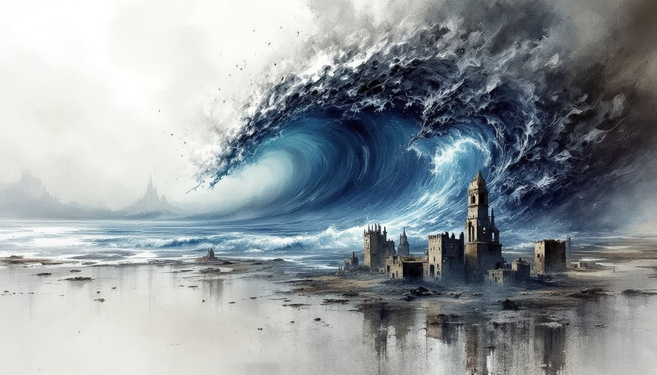 AI generated: surreal epic abstract double exposure fantasy rough hand-painted sketch featuring in the top half of...