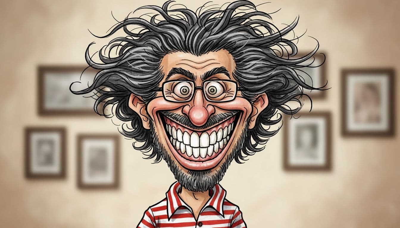 AI generated: funny caricature, exaggerated cartoon human, male, 40 years old, wild-haired, big-nosed, toothy, imp...