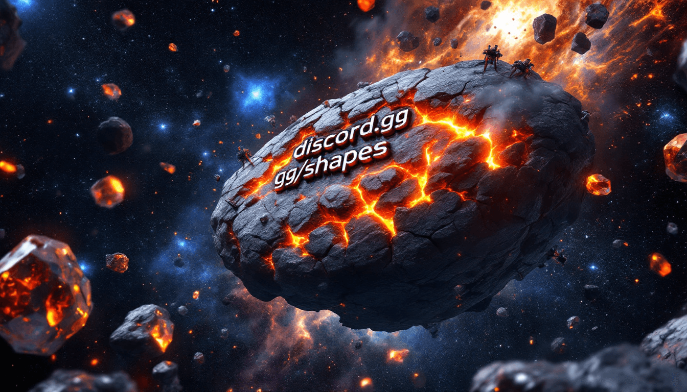 AI generated: A massive, cracked asteroid drifting through space, with molten lava flowing out from its core. On t...