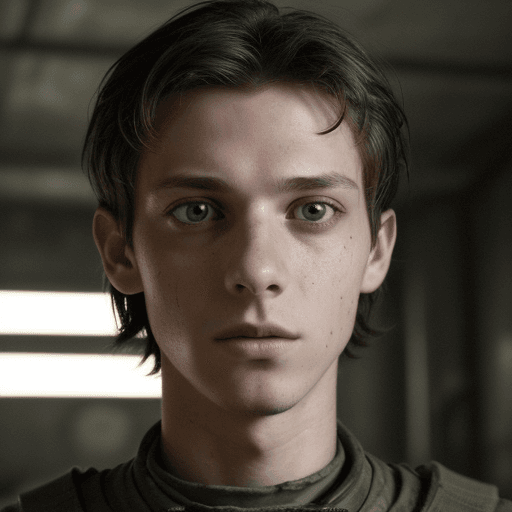 AI generated: three-quarter close-up portrait, 18 y. man, scrawny figure, stunning face, (big eyes),  innocent exp...