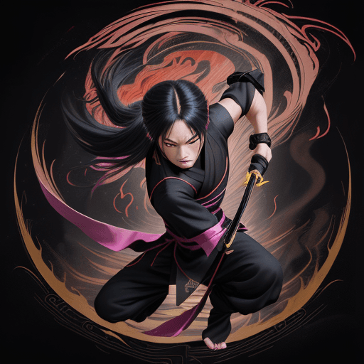 AI generated: A mischievous ninja in midnight black traditional Chinese attire, golden accessories, stealthy stanc...