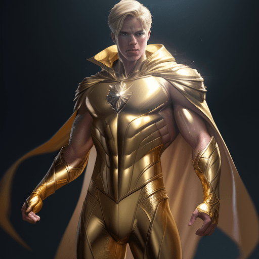 AI generated: male super hero named champion, short blond hair, no symbol, skin tight gold suit, gold cape, gold g...