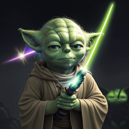 AI generated: Photo, background, YODA in cosmos, 4k, light sword, contemporary building 