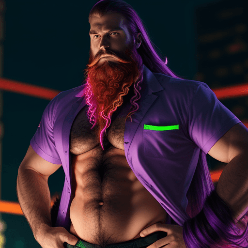 AI generated: Neon Night lights, red green purple, hairy gay, long beard, torn business suit viking surfer in shir...