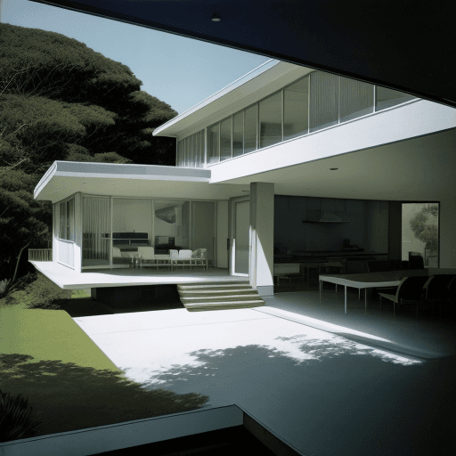 AI generated: Hyper realistic eye level exterior photo of a mid century modern style house overlooking the ocean, ...