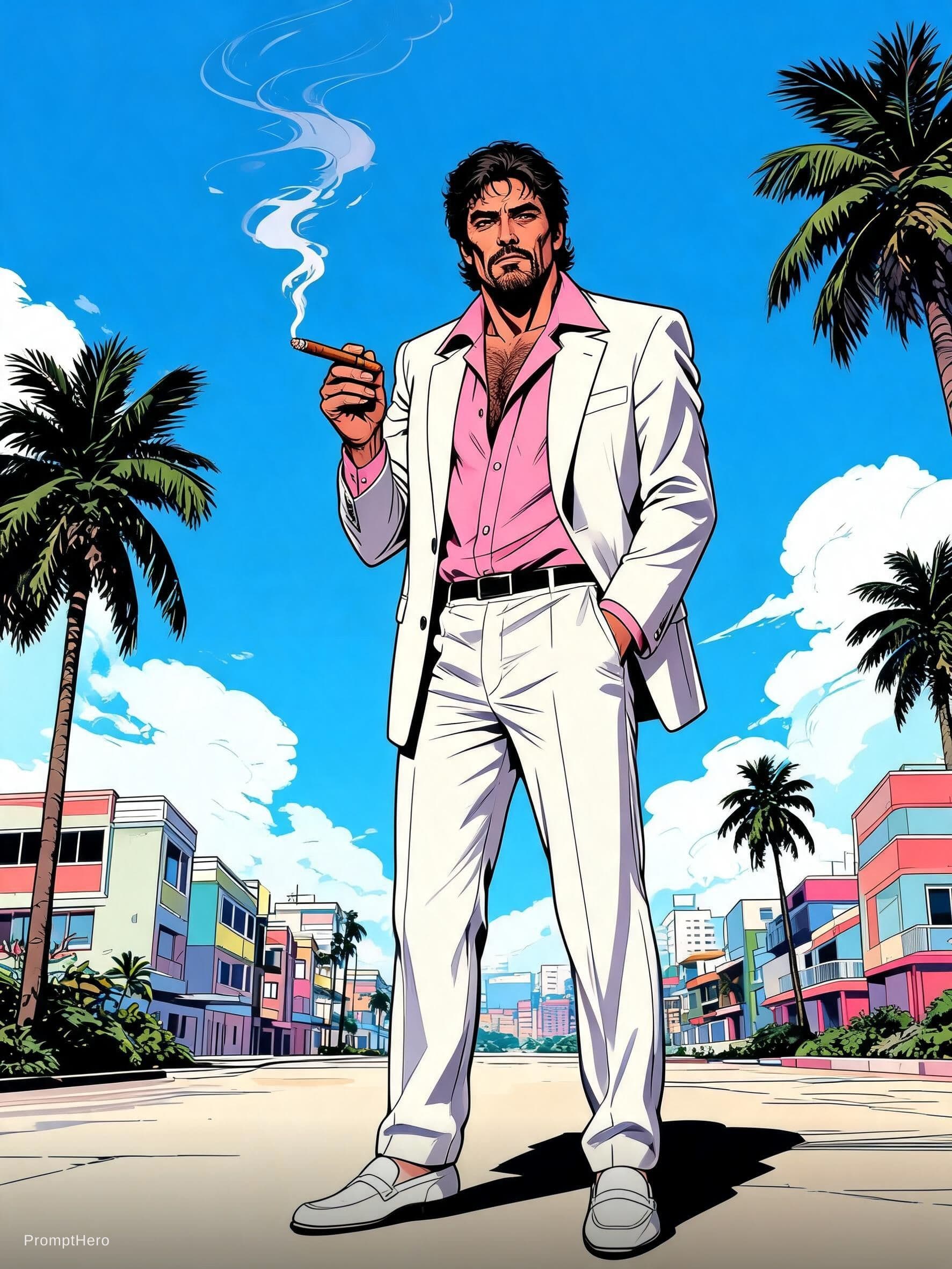 AI generated: Full-body illustration of Al Pacino in a stylized 1980s Miami setting. He's wearing a pink wide-coll...