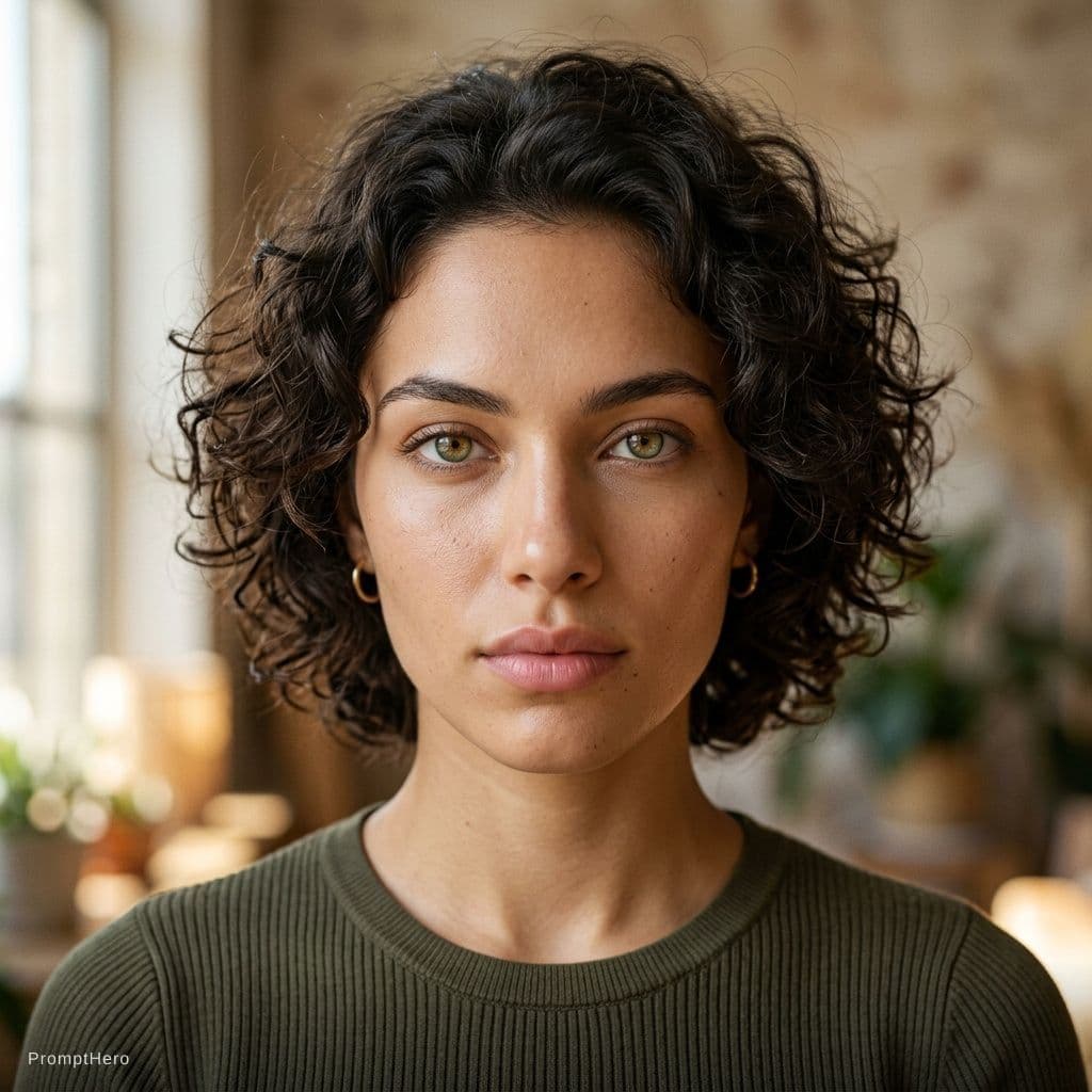 AI generated: Ultra-realistic portrait of a 20 years old woman with striking hazel-green eyes, intense and symmetr...