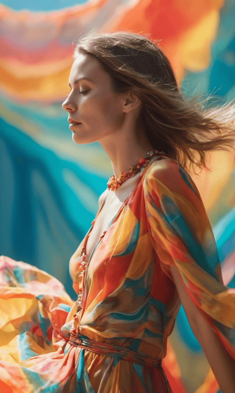 AI generated: best quality, 4k, highres, masterpiece, ultra-detailed, realistic, woman in rainbow silk dress, floa...