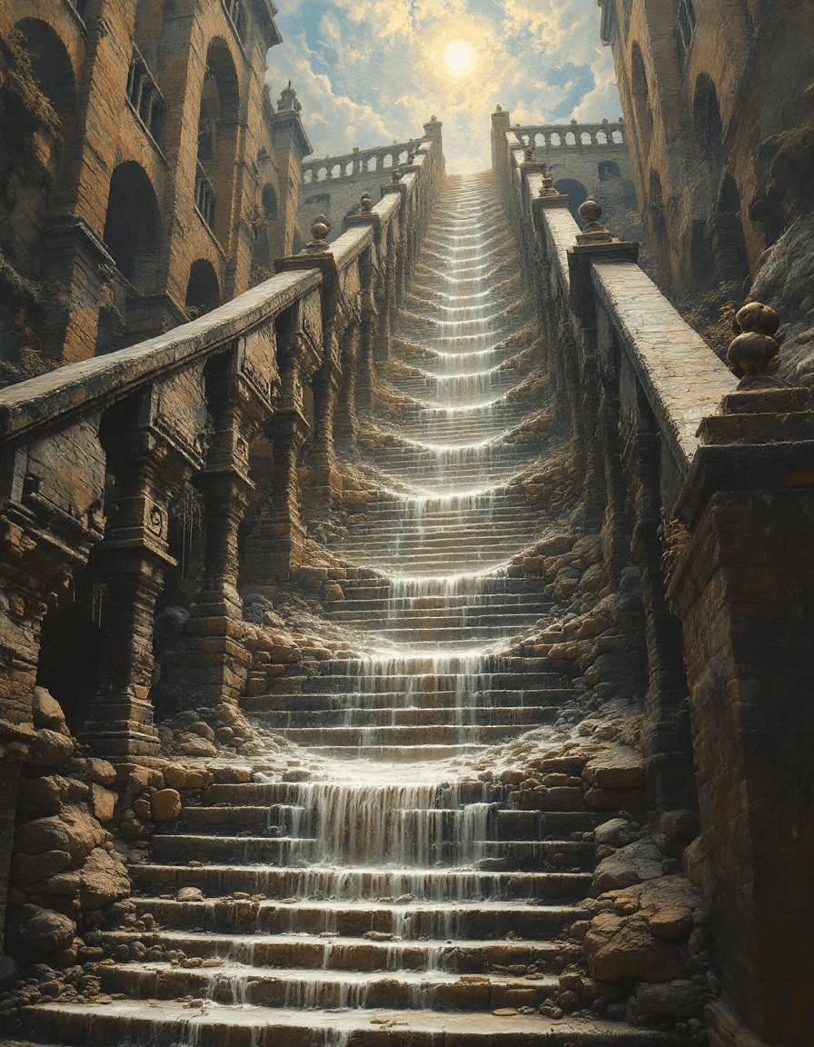 AI generated: A traditional oil or digital painting on canvas depicting a majestic ancient stone staircase with wa...
