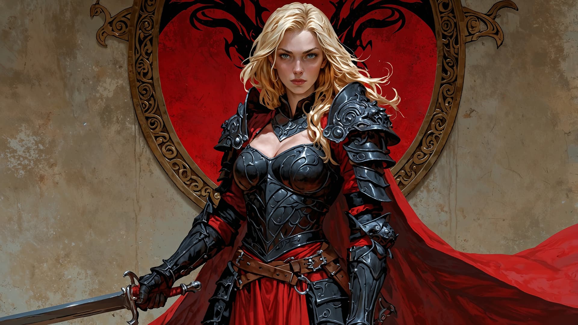 AI generated: Image is a high-resolution portrait of a woman in elaborate, medieval-style armor. The armor is pred...