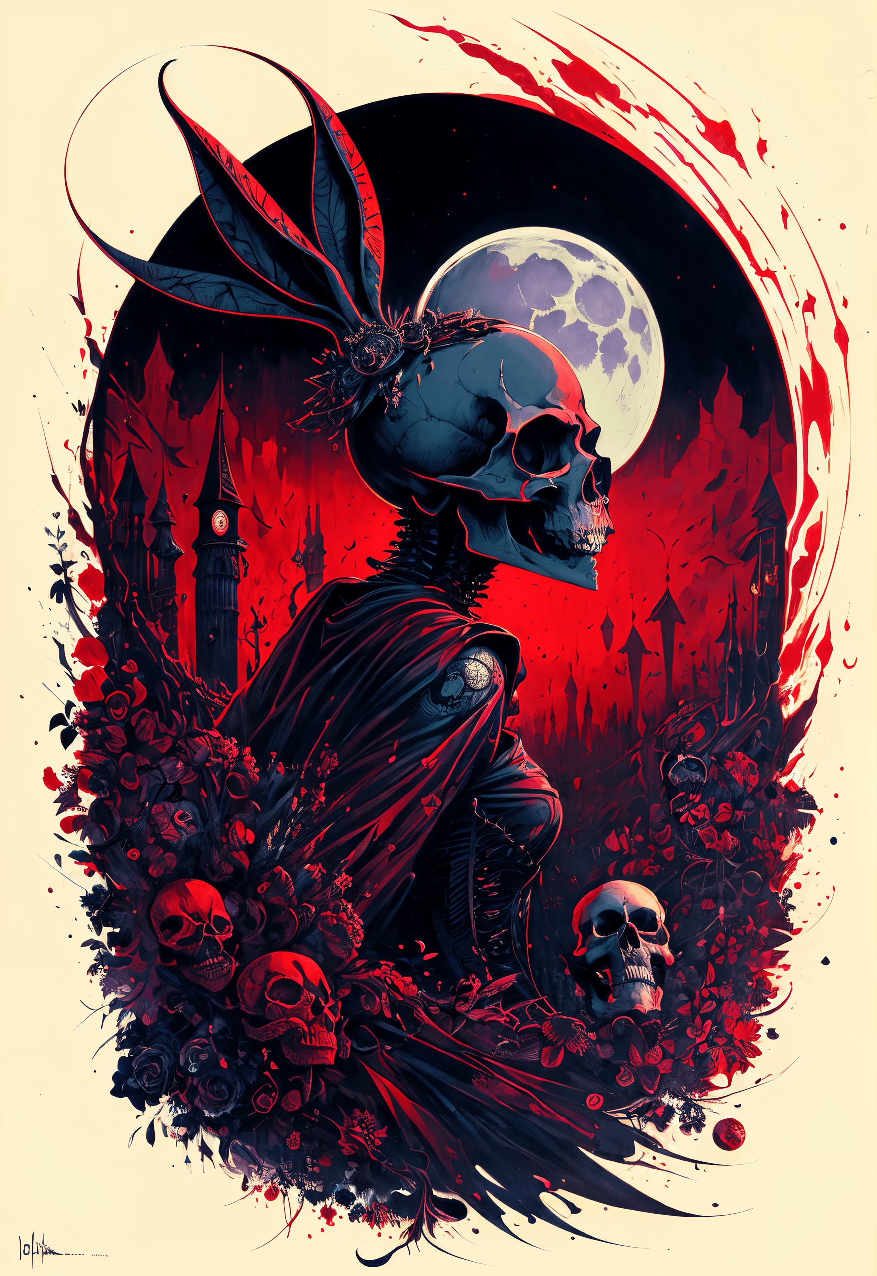 AI generated: Dope, gothic, the skull, the white rabbit and the moon, dark academia, fantasy, epic masterpiece, in...