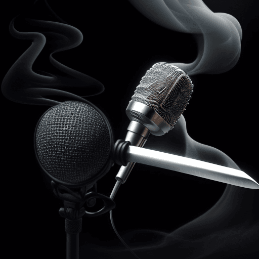 AI generated: A microphone with a sword from the bottom, full view, black background, with smoke