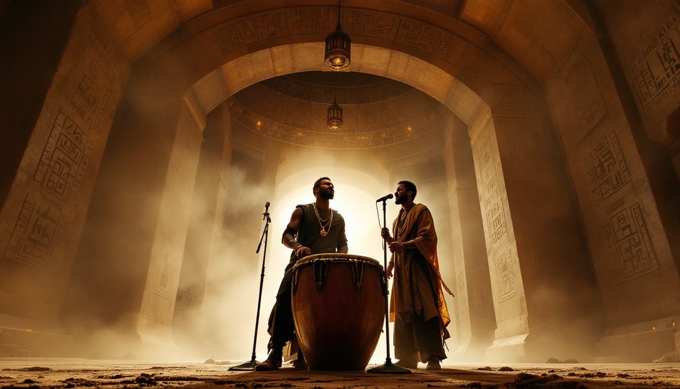 AI generated: The Drummer & 🎤 The Vocalist – A Powerful Duo Beneath a Grand Archway (Wide Shot, Straight-On Angle...