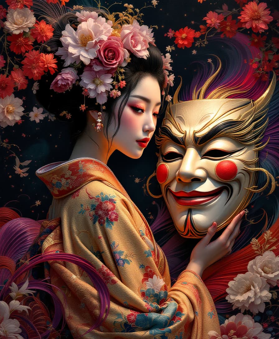 AI generated: "A mesmerizing 3D portrait of a Geisha standing gracefully beside a Kabuki Mask, both rendered in hi...