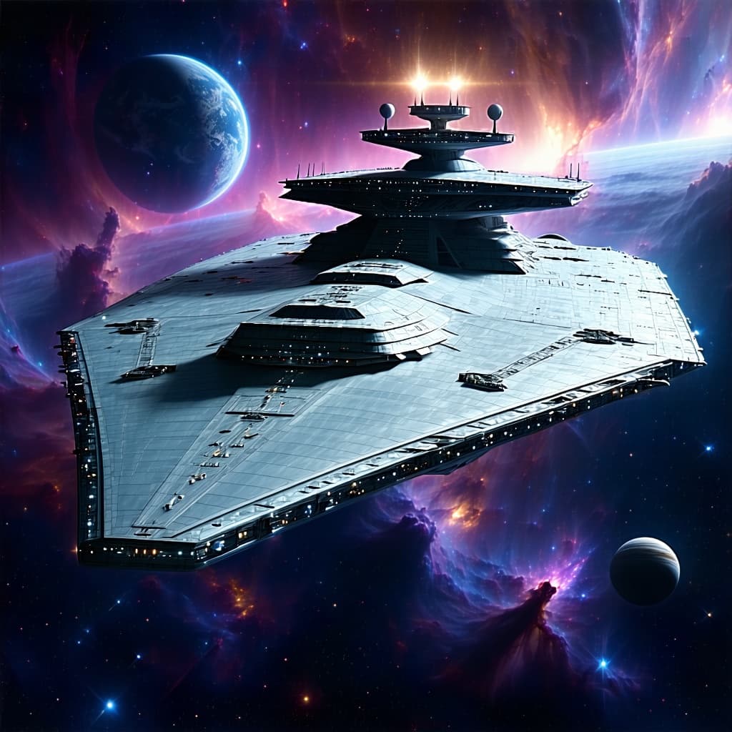 AI generated: Imagine, in detail, a massive supercarrier alien spaceship to show a sleek design. Add paint colorin...