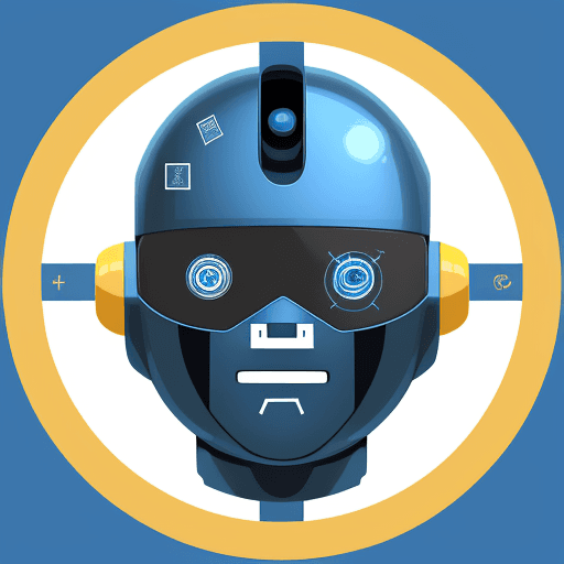 AI generated: A icon of a human like robot face, using blue and yellow colors, logo is circular and has, the robot...