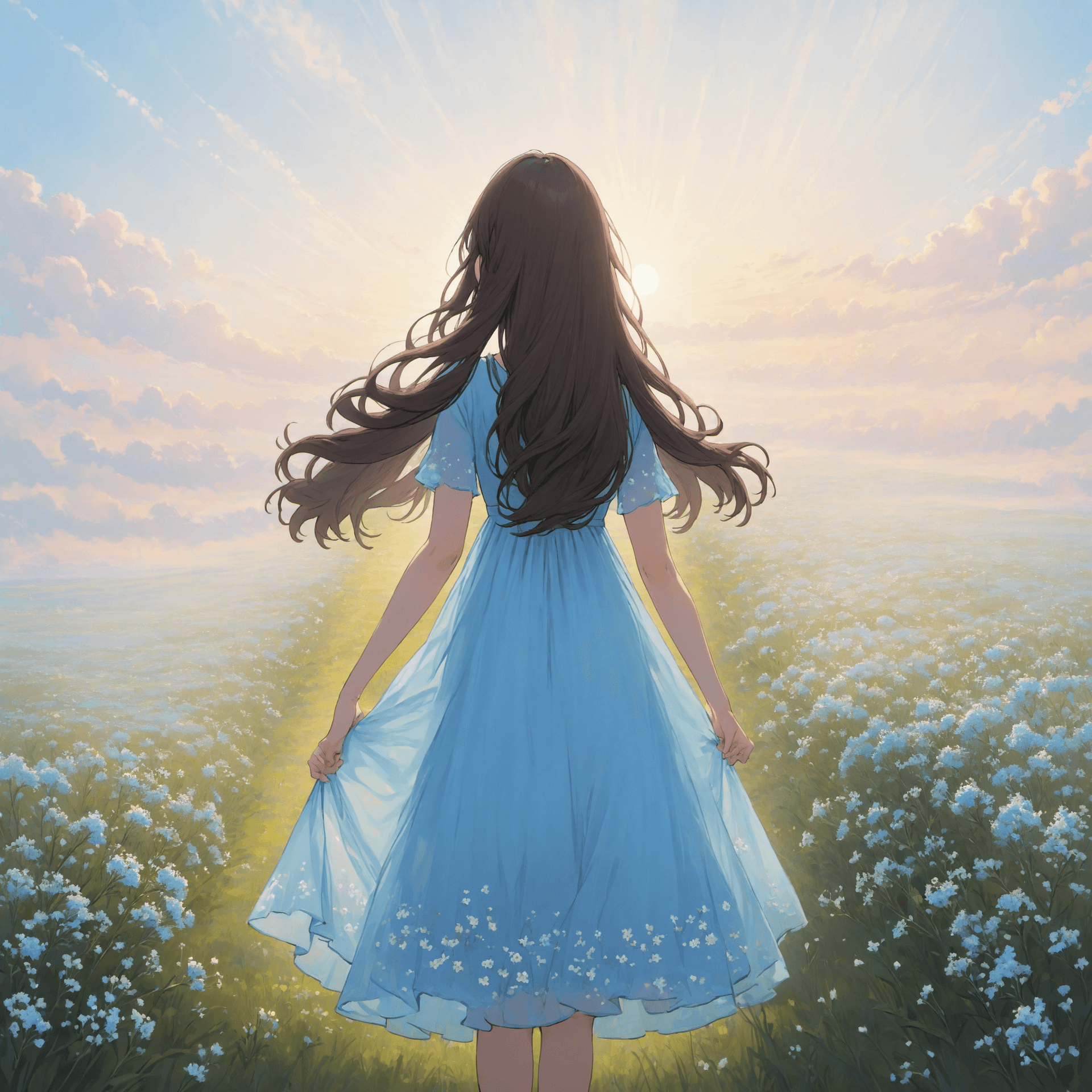 AI generated: (young adult girl, backview: 0.8), long dark brown hair, wearing a modest "light blue dress". Admiri...