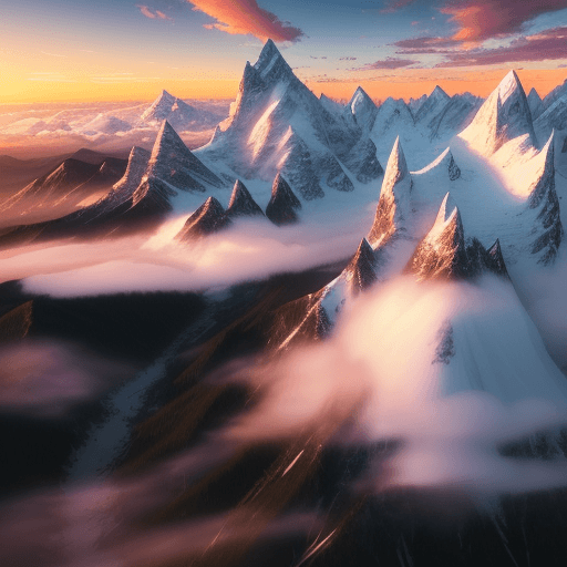 AI generated: Vast and enchanting fantasy world, 3D, aerial view of vast mountainscape with high mountains,snow ca...