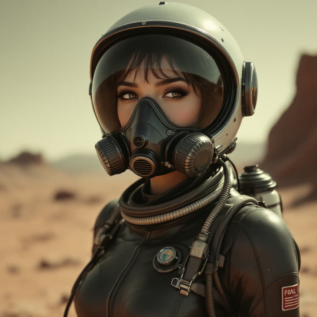 AI generated: wide shot shot of a young beautiful young sexy lady wearing a retro futuristic suit and helmet mask ...