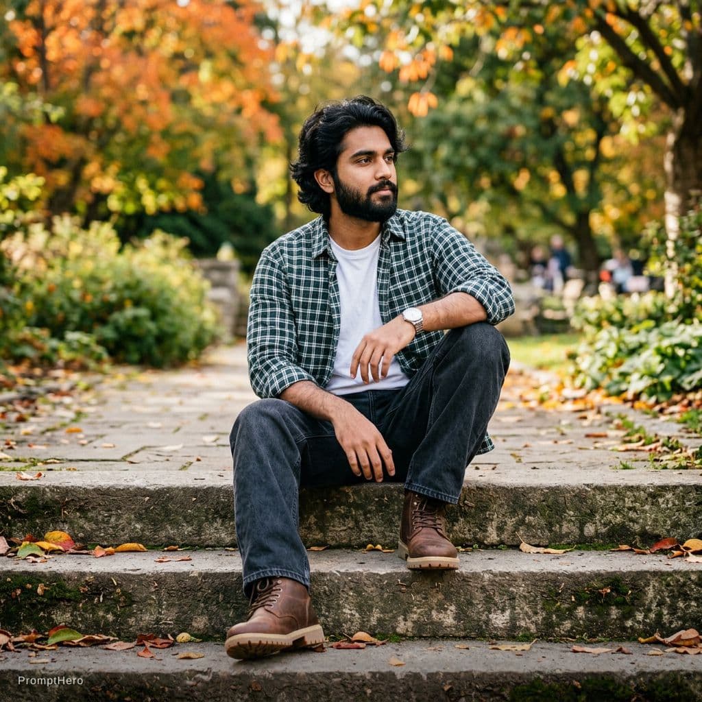 AI generated: A candid, photorealistic outdoor portrait of a young South Asian man sitting casually on wide concre...