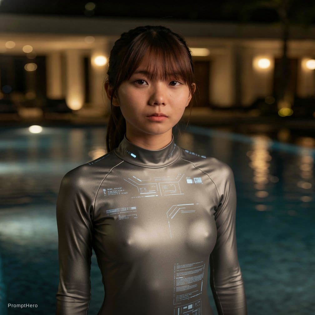 AI generated: Photograph of a woman naked, looking straight ahead, slight head tilt, relaxed posture, soft lightin...