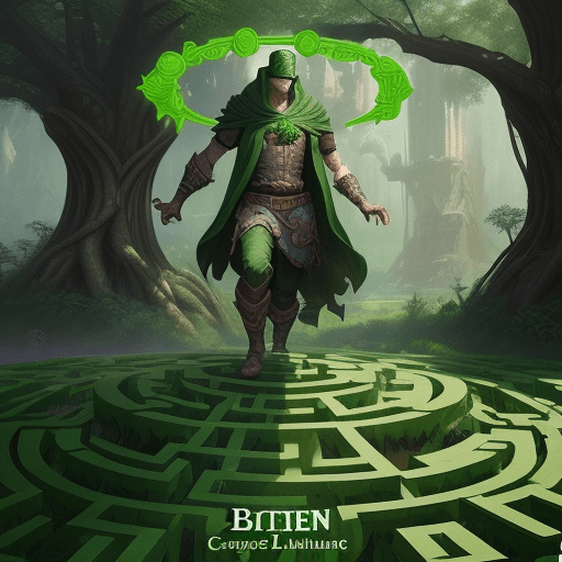 AI generated: a bitcoin symbol green giant maze, nature labyrinth, hearthstone art style, epic fantasy style art b...