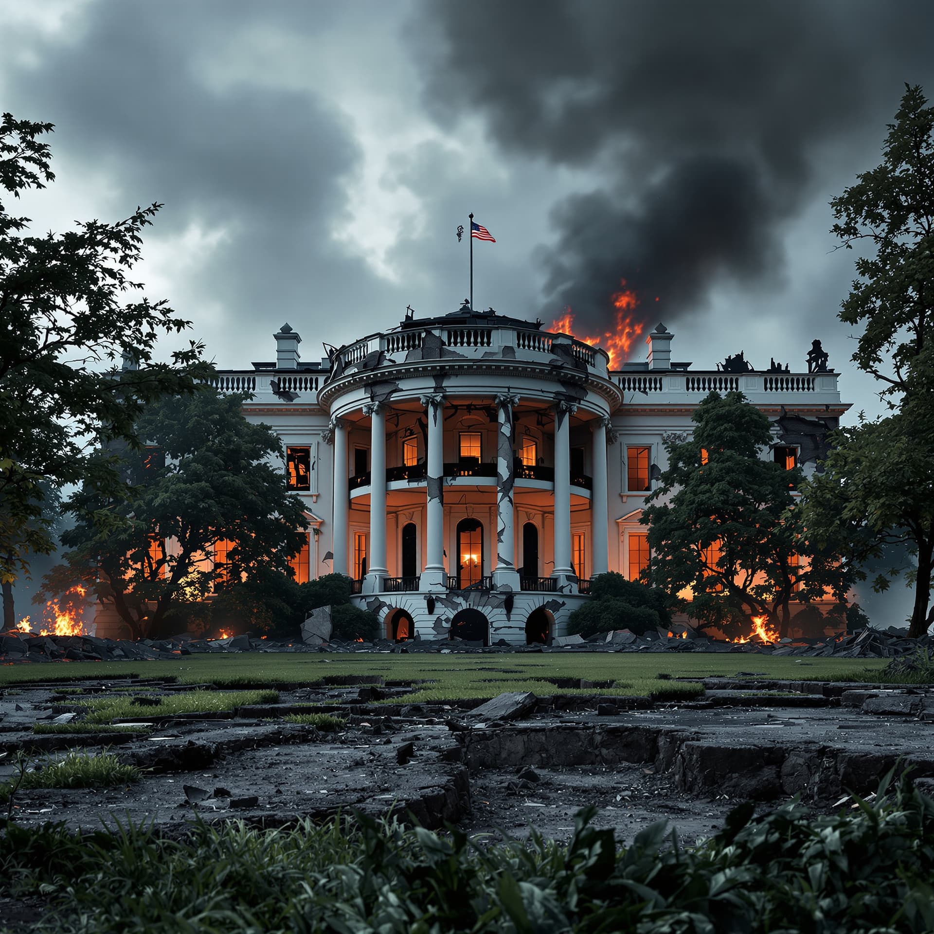 AI generated: front view of a post world war 3 destroyed with walls missing, burned to the ground the presidential...