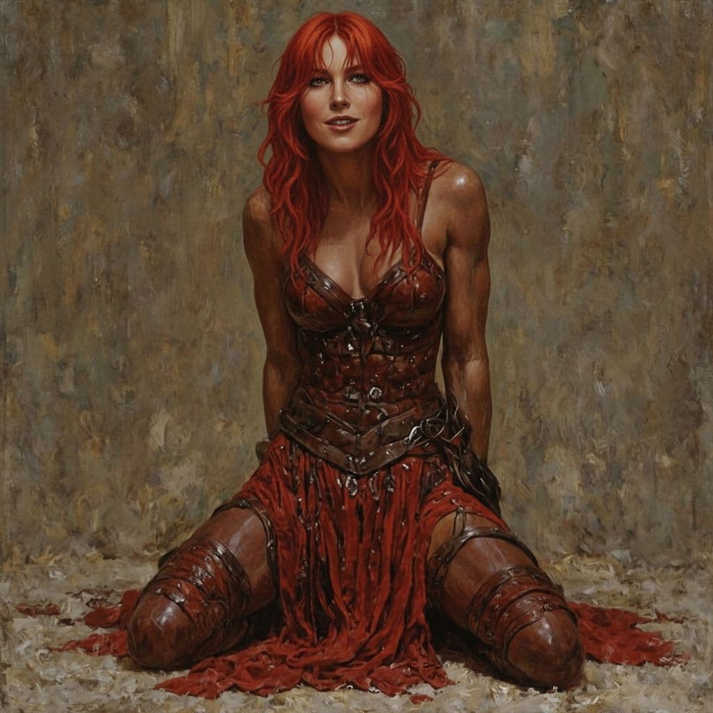 AI generated: red sonya bound and on the floor kneeling in her armor. there is a smirk of defiance on her face as ...