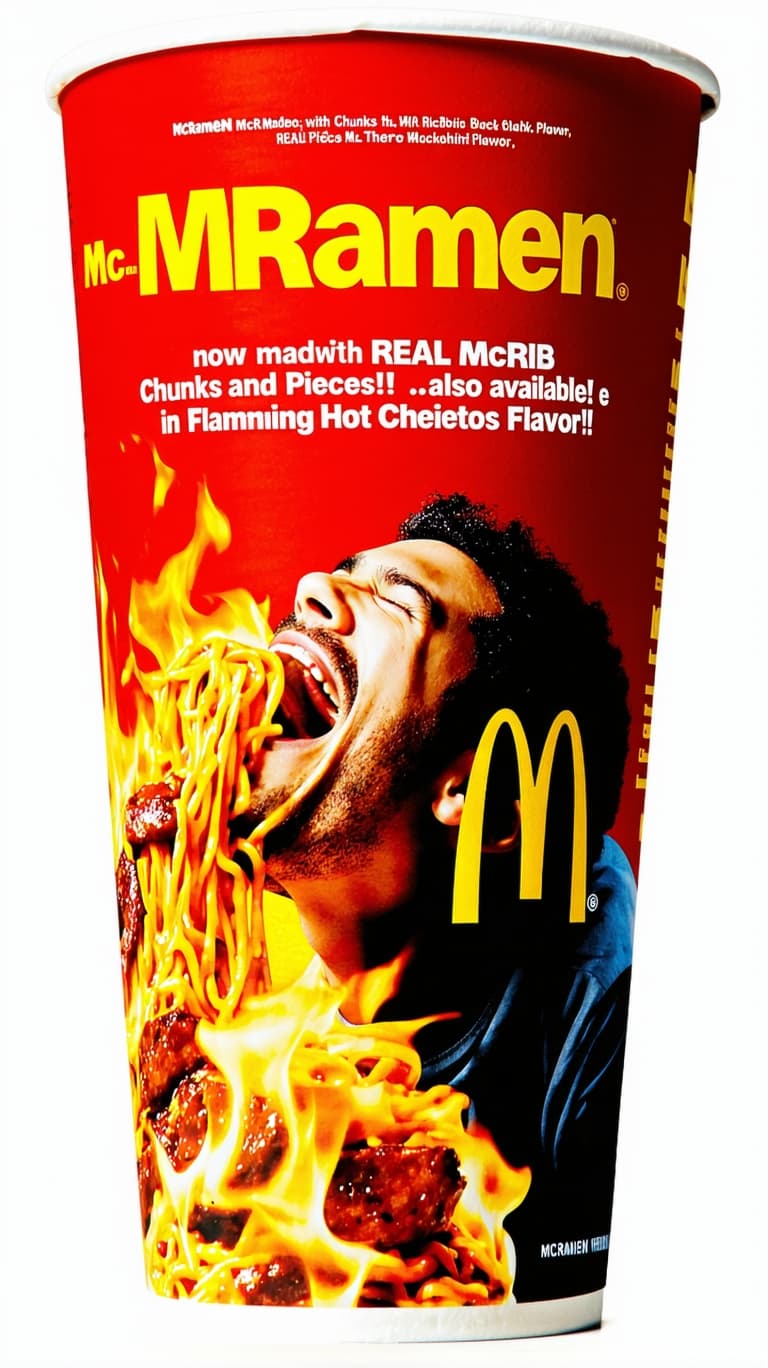 AI generated: A McDonald's Cardboard Soup container that has the contrasting text that reads "McRamen ~ now made w...