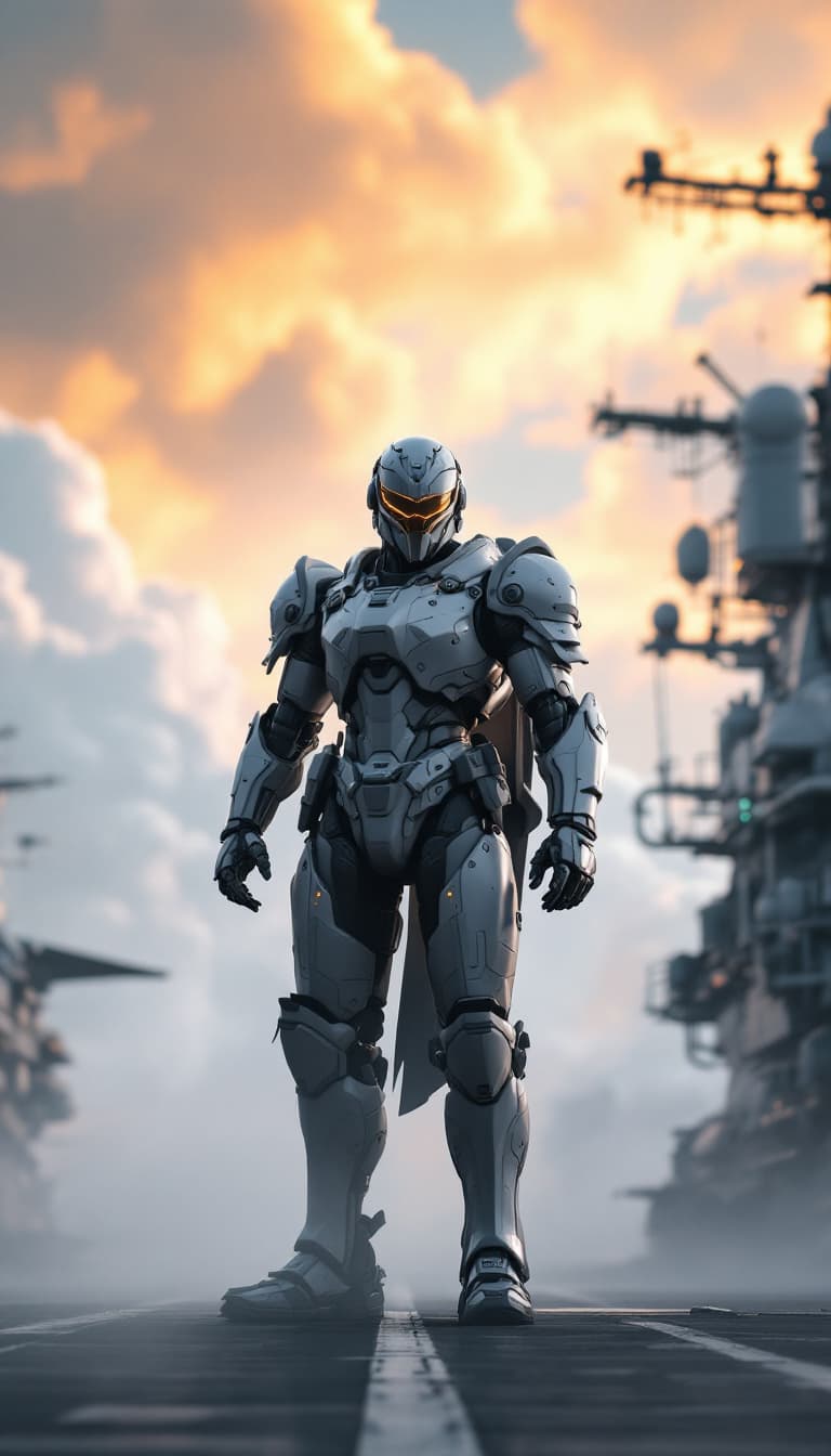 AI generated: HD 4K 3D render of a hyper-realistic male mech pilot, wearing an intricate knight helmet, standing c...