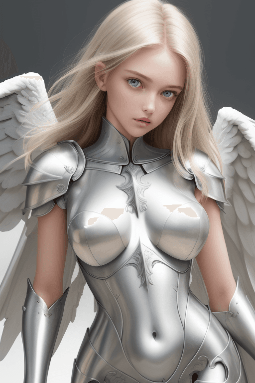 AI generated: Angel girl. Angel wings. Beautiful face. (The body is up to the hips. Half the height.) Slender body...