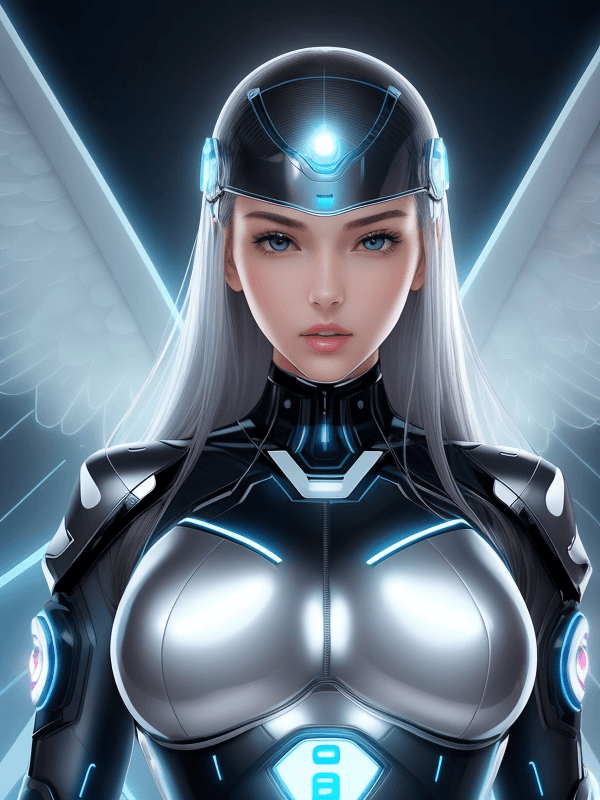 AI generated: Girl cyber-angel. Beautiful face. Slender body. Symmetry. Clear face. Fantastic face. Fantastic eyes...