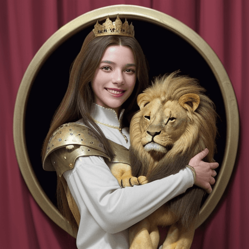 AI generated: Medieval shield, duck and lion hugging, smiling