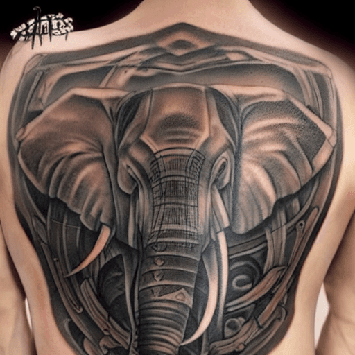 AI generated: Tattoo, armor, full back, elephant