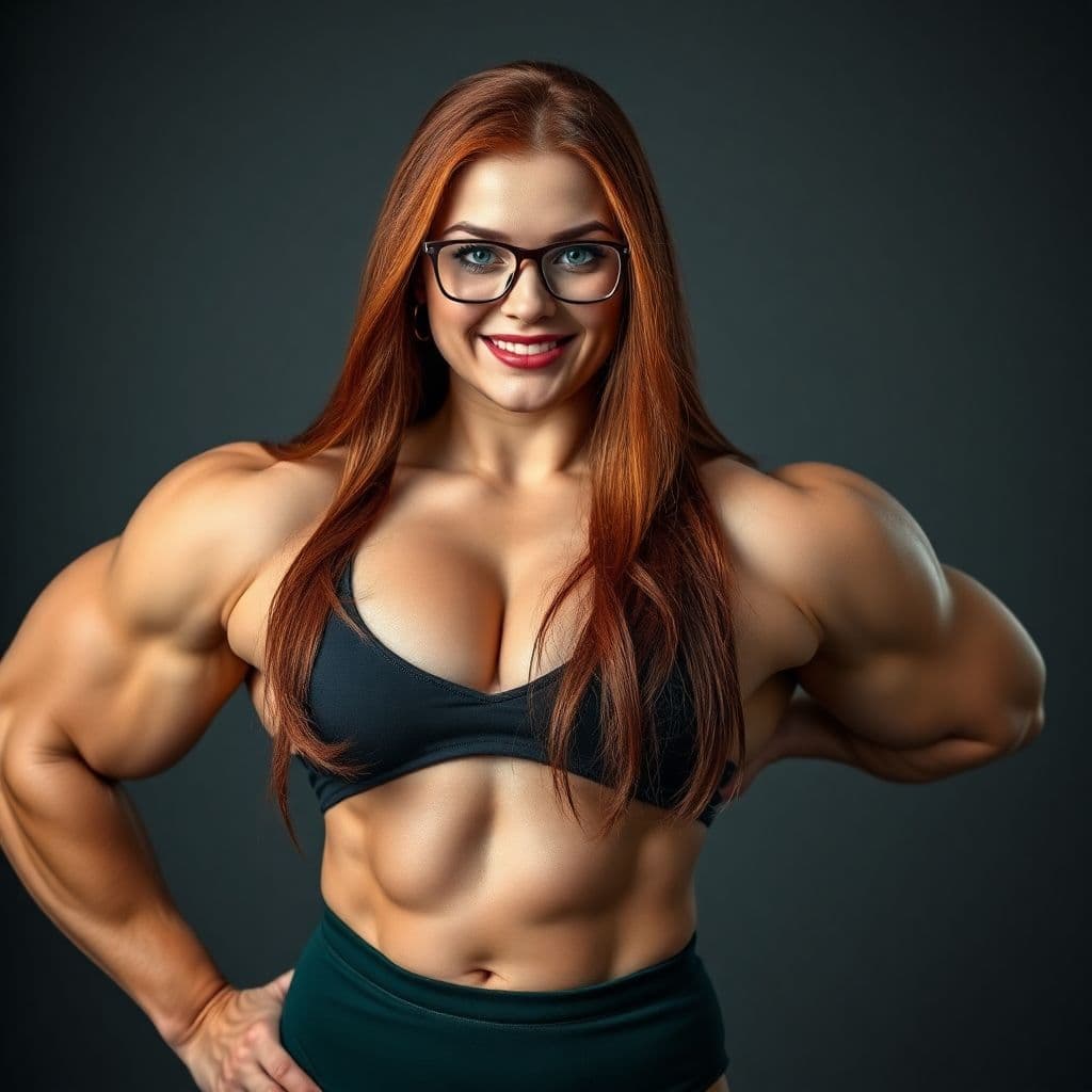 AI generated: a beautiful mega muscular 30 year old giant woman, beautiful long red hair, pure delicate female ski...