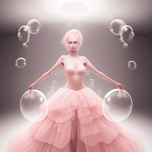 AI generated: fashion editorial photo of a model with a lot of bubbles in light pink evening dress poses in photos...