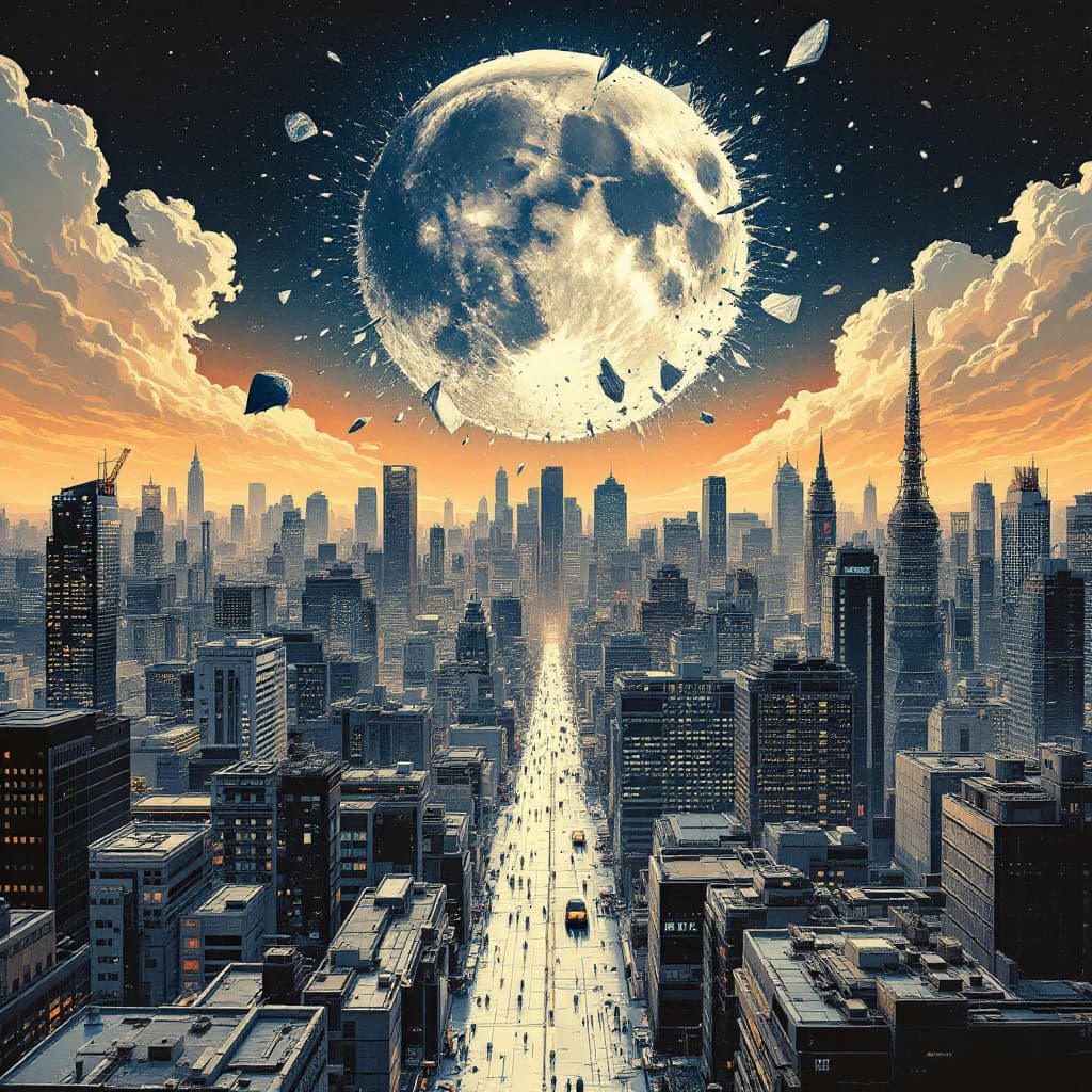 AI generated: sci-fi neo tokyo, in the style of akira, city skyline with the moon shattered and pieces of it spray...