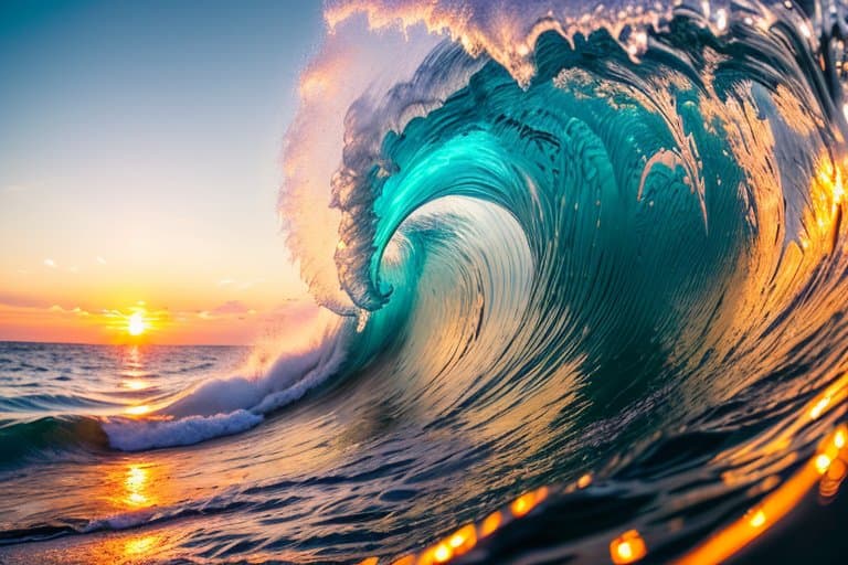AI generated: raw photo wave, wide angle, sunset, back light, Photorealistic, Hyperrealistic, Hyperdetailed, analo...