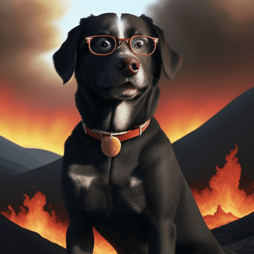 AI generated: dog with glasses and very angry, maximum quality, background with a burning landscape, dark