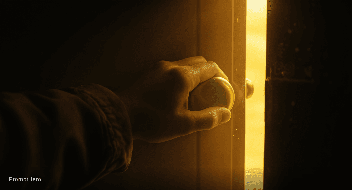 AI generated: A weathered hand in a worn olive-green jacket sleeve grips an antique brass door knob, tarnished wit...