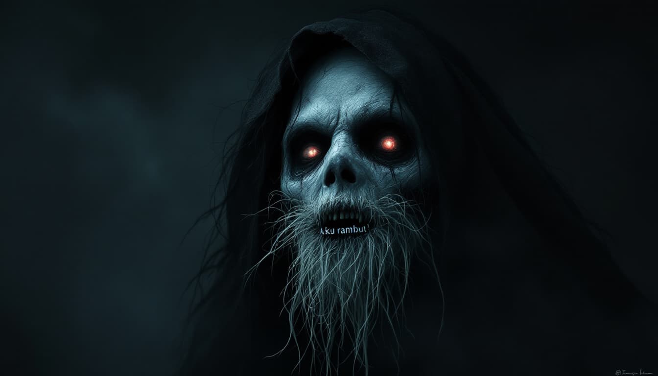 AI generated: a dark scary ghost with lot of hair on her mouth, with word "Aku rambut"