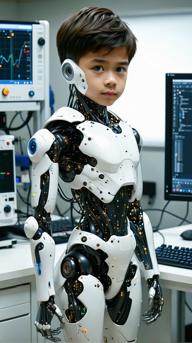 AI generated: exceptionally beautiful eleven year old boy, artificial intelligence robot, (futuristic),(masterpiec...