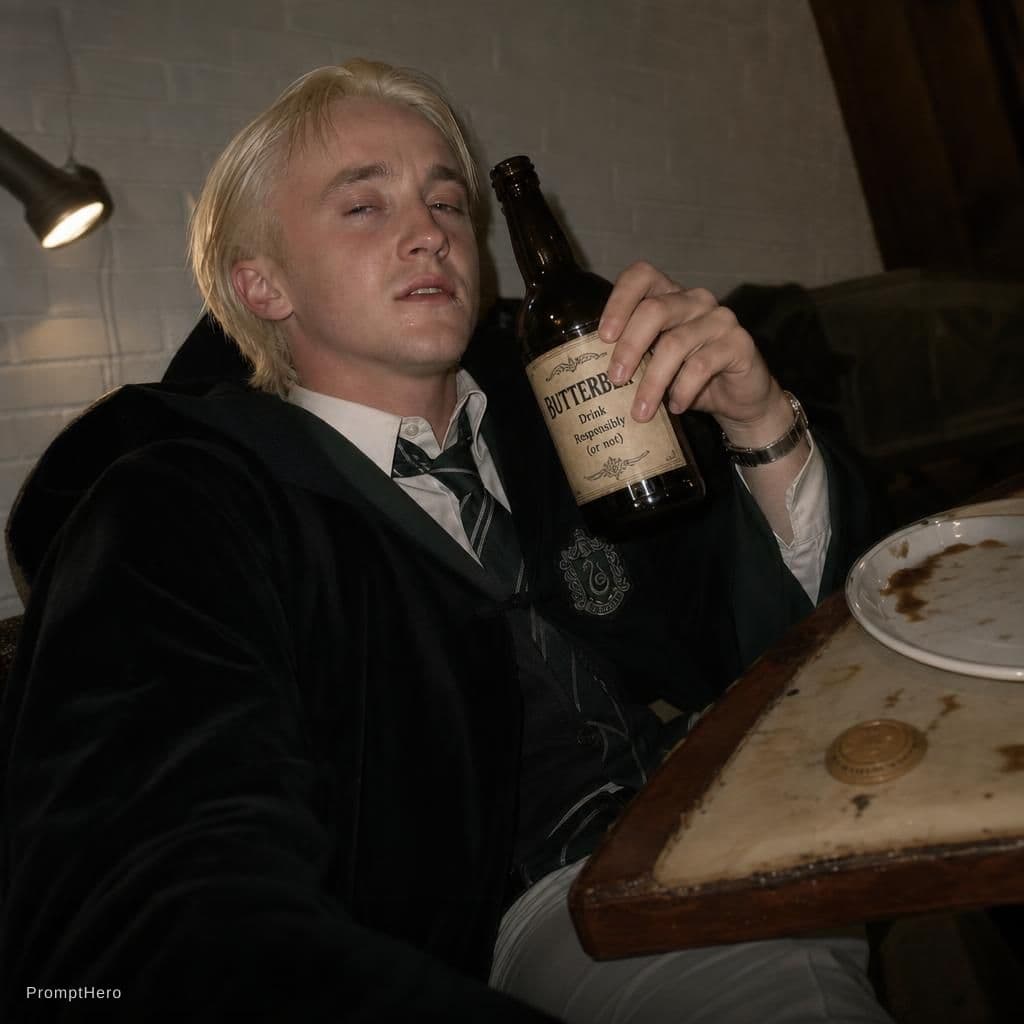 AI generated: Uploaded image, low quality, draco malfoy, drunk