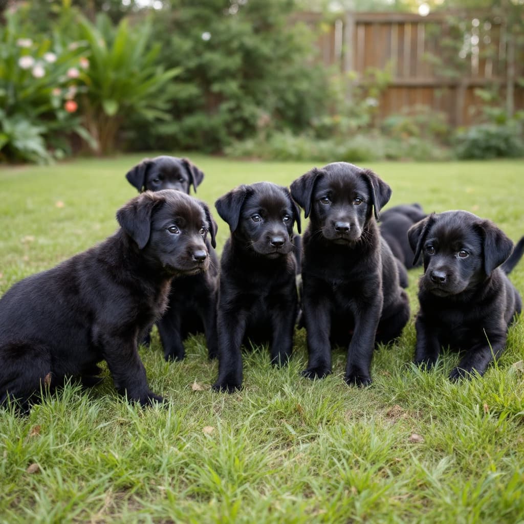 AI generated: a gaggle of Black Lab puppies in the backyard
 
